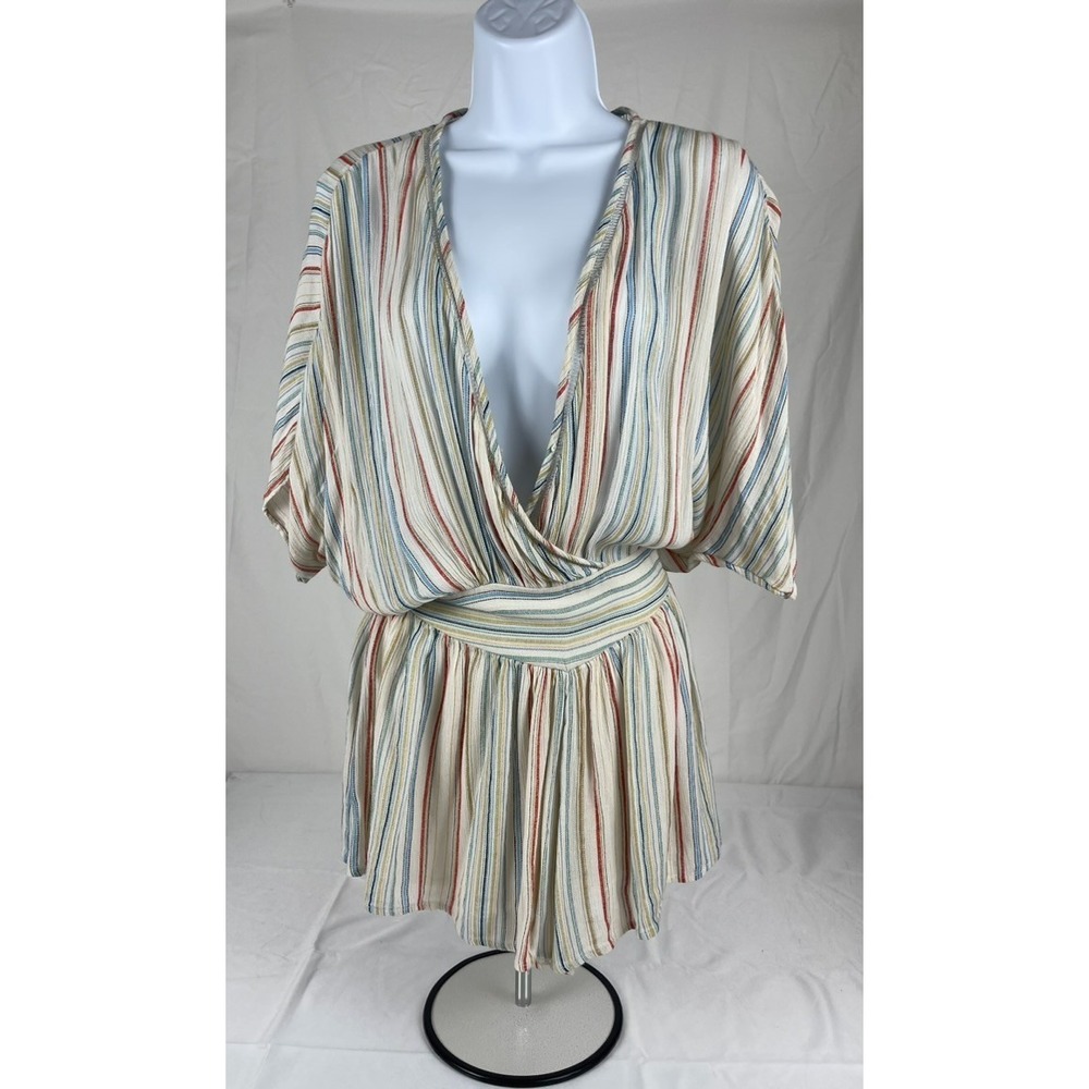 URBAN OUTFITTERS‎ STRIPED WRAP ROMPER WOMENS SMALL GAUZE BOHO FESTIVAL SUMMER